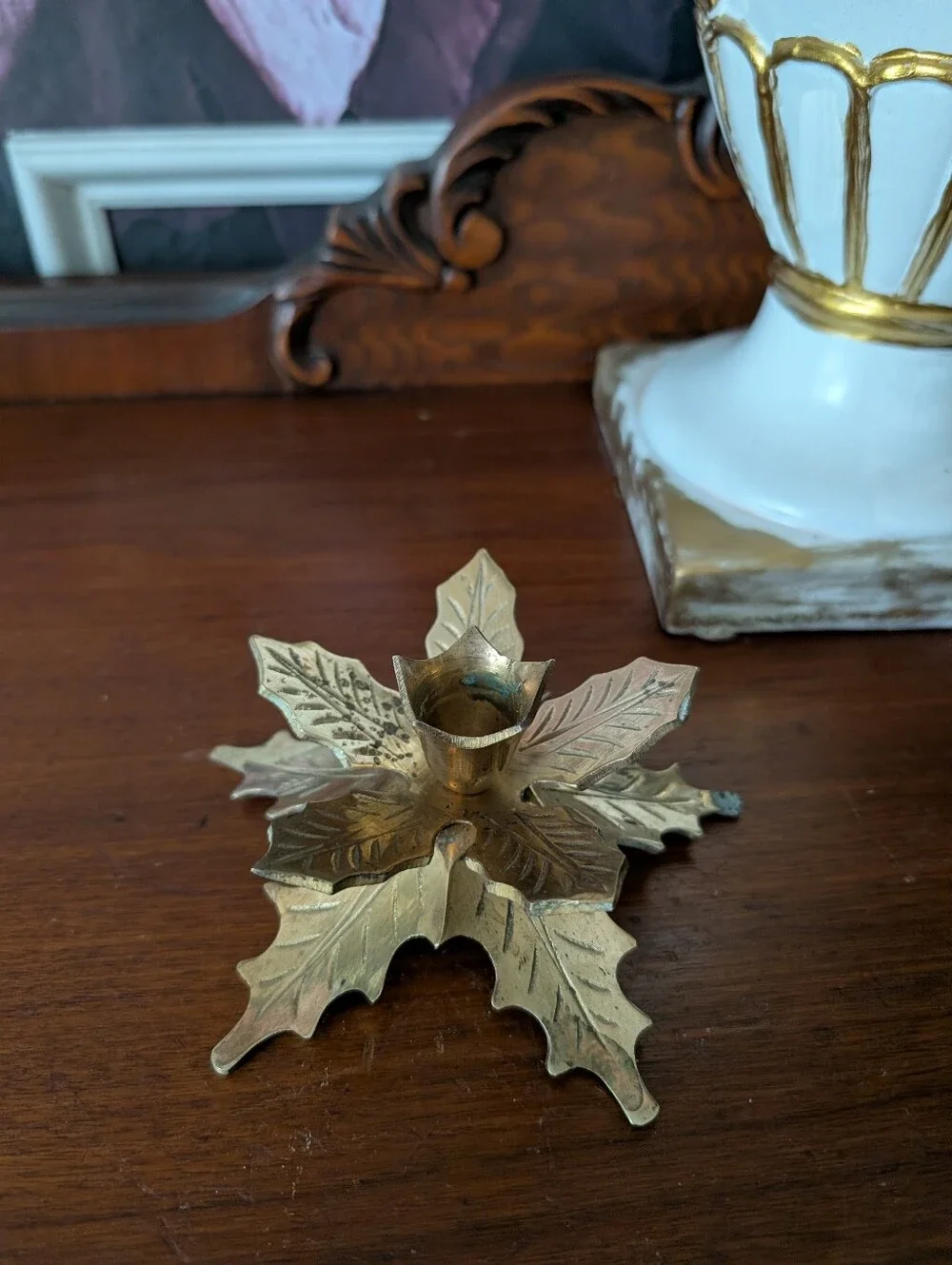 Vintage Solid Brass Leaf Design Tapered Candle Holders Table Decor 2.5